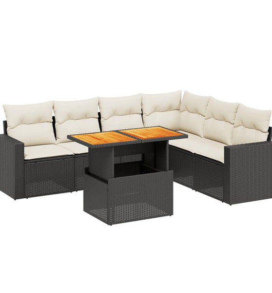 7-tlg. Garten-Sofagarnitur mit Kissen Schwarz Poly Rattan