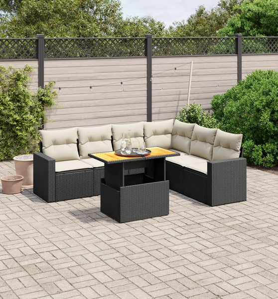 7-tlg. Garten-Sofagarnitur mit Kissen Schwarz Poly Rattan