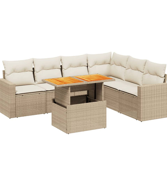 7-tlg. Garten-Sofagarnitur mit Kissen Beige Poly Rattan