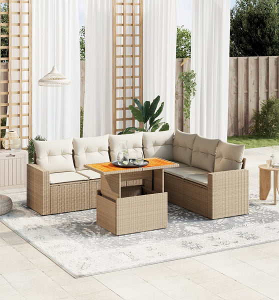 7-tlg. Garten-Sofagarnitur mit Kissen Beige Poly Rattan