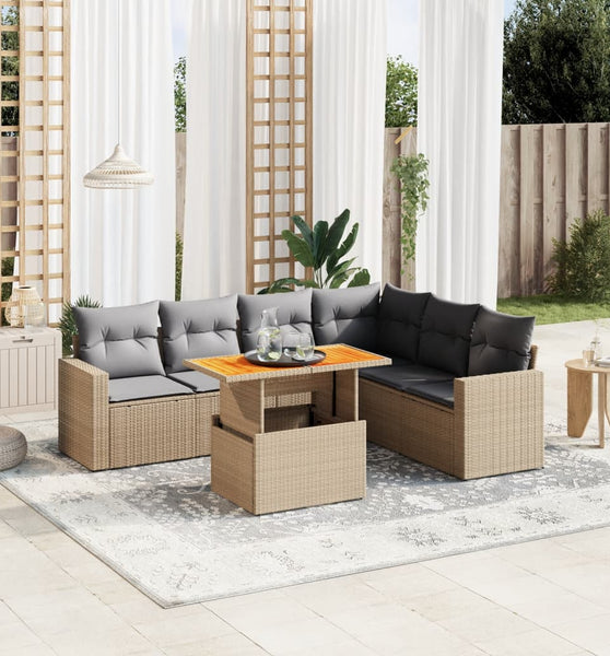 7-tlg. Garten-Sofagarnitur mit Kissen Beige Poly Rattan