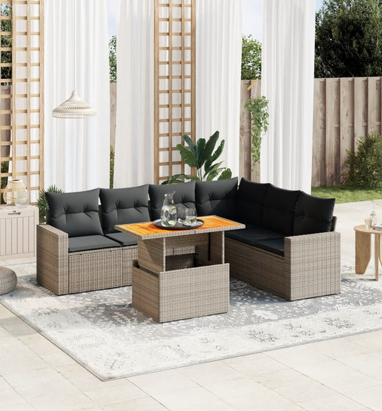 7-tlg. Garten-Sofagarnitur mit Kissen Grau Poly Rattan