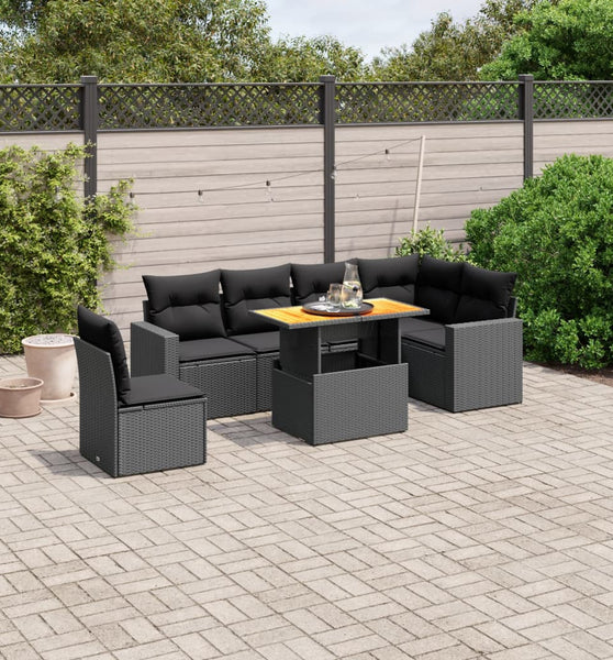 7-tlg. Garten-Sofagarnitur mit Kissen Schwarz Poly Rattan