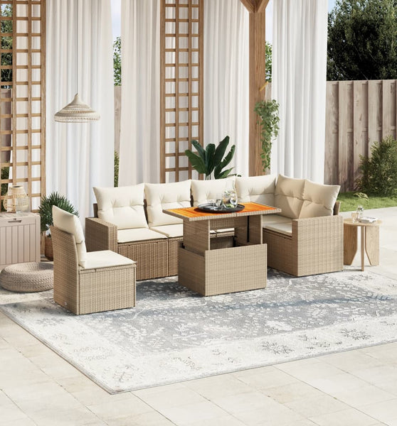 7-tlg. Garten-Sofagarnitur mit Kissen Beige Poly Rattan