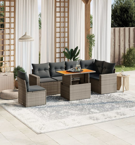 7-tlg. Garten-Sofagarnitur mit Kissen Grau Poly Rattan