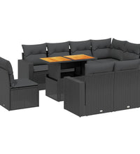 9-tlg. Garten-Sofagarnitur mit Kissen Schwarz Poly Rattan