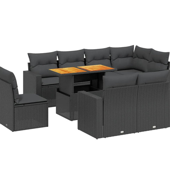 9-tlg. Garten-Sofagarnitur mit Kissen Schwarz Poly Rattan