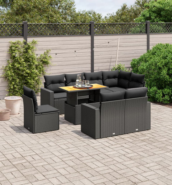 9-tlg. Garten-Sofagarnitur mit Kissen Schwarz Poly Rattan
