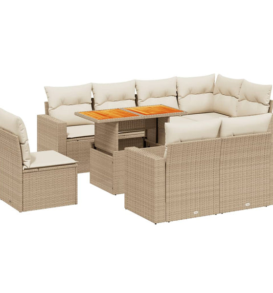 9-tlg. Garten-Sofagarnitur mit Kissen Beige Poly Rattan