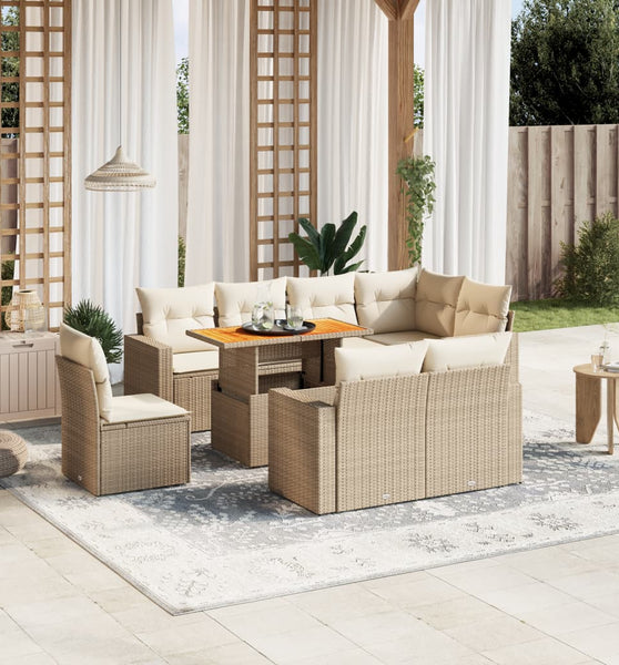9-tlg. Garten-Sofagarnitur mit Kissen Beige Poly Rattan
