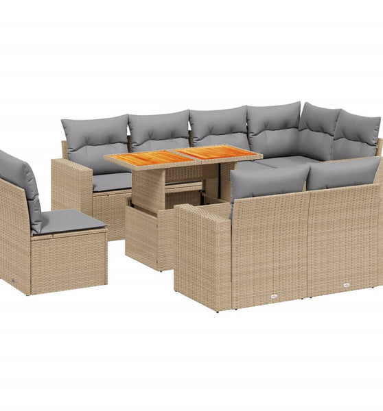 9-tlg. Garten-Sofagarnitur mit Kissen Beige Poly Rattan