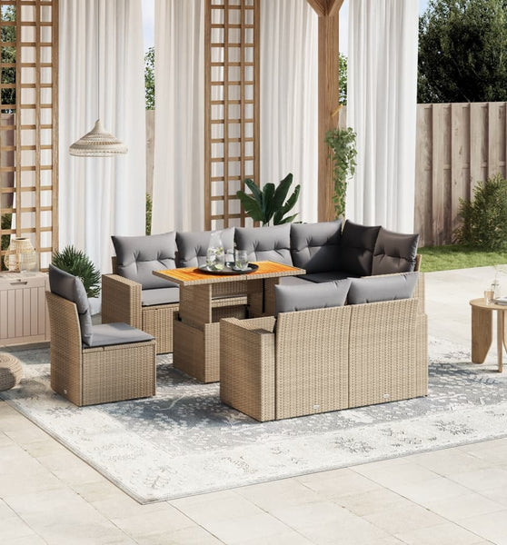 9-tlg. Garten-Sofagarnitur mit Kissen Beige Poly Rattan