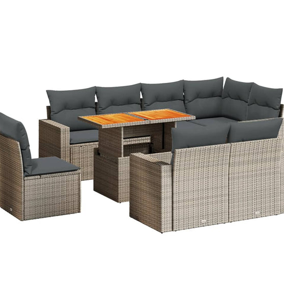9-tlg. Garten-Sofagarnitur mit Kissen Grau Poly Rattan