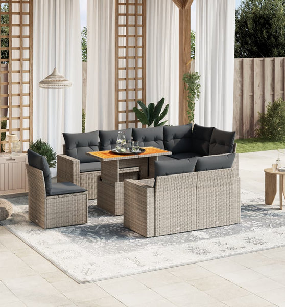 9-tlg. Garten-Sofagarnitur mit Kissen Grau Poly Rattan