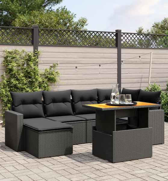 7-tlg. Garten-Sofagarnitur mit Kissen Schwarz Poly Rattan