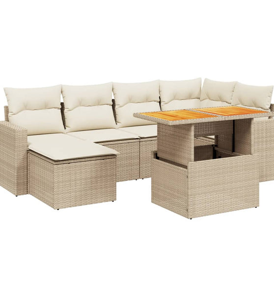 7-tlg. Garten-Sofagarnitur mit Kissen Beige Poly Rattan