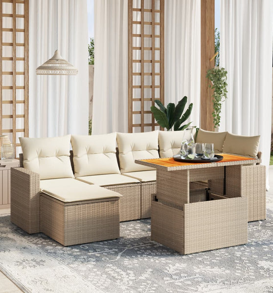 7-tlg. Garten-Sofagarnitur mit Kissen Beige Poly Rattan