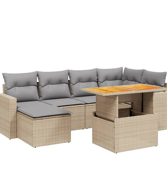 7-tlg. Garten-Sofagarnitur mit Kissen Beige Poly Rattan