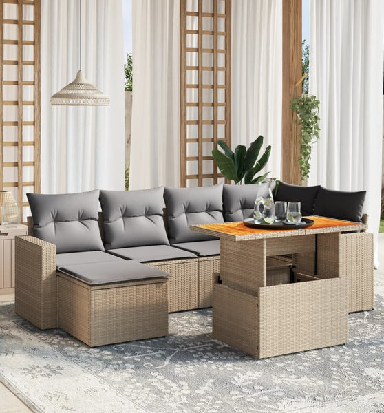 7-tlg. Garten-Sofagarnitur mit Kissen Beige Poly Rattan