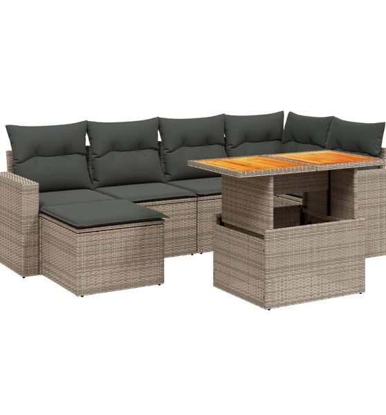 7-tlg. Garten-Sofagarnitur mit Kissen Grau Poly Rattan