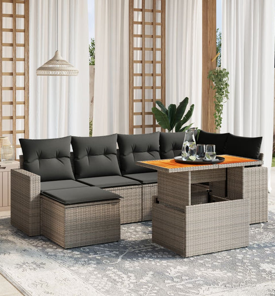 7-tlg. Garten-Sofagarnitur mit Kissen Grau Poly Rattan