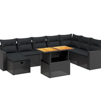 9-tlg. Garten-Sofagarnitur mit Kissen Schwarz Poly Rattan