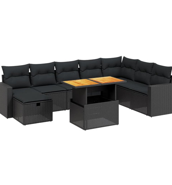 9-tlg. Garten-Sofagarnitur mit Kissen Schwarz Poly Rattan