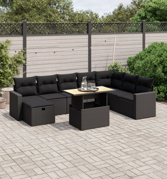 9-tlg. Garten-Sofagarnitur mit Kissen Schwarz Poly Rattan