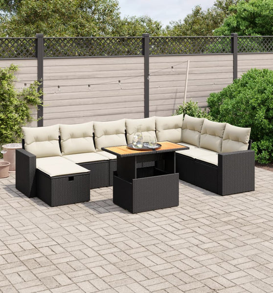 9-tlg. Garten-Sofagarnitur mit Kissen Schwarz Poly Rattan
