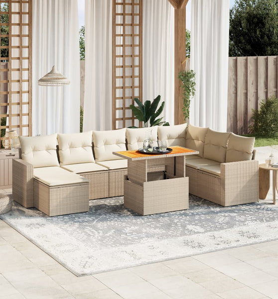 9-tlg. Garten-Sofagarnitur mit Kissen Beige Poly Rattan