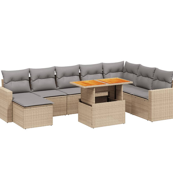 9-tlg. Garten-Sofagarnitur mit Kissen Beige Poly Rattan