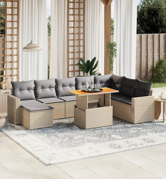 9-tlg. Garten-Sofagarnitur mit Kissen Beige Poly Rattan