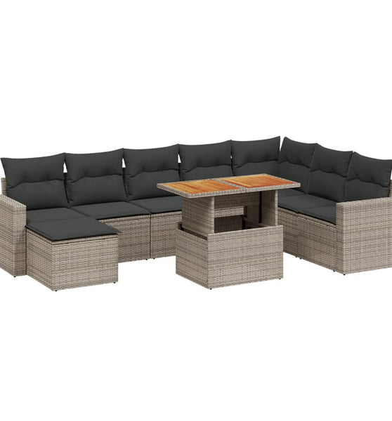 9-tlg. Garten-Sofagarnitur mit Kissen Grau Poly Rattan