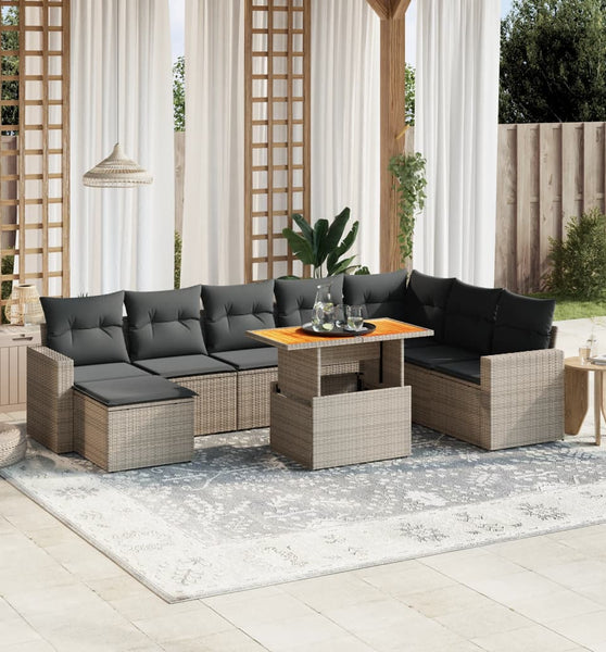 9-tlg. Garten-Sofagarnitur mit Kissen Grau Poly Rattan