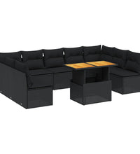 10-tlg. Garten-Sofagarnitur mit Kissen Schwarz Poly Rattan
