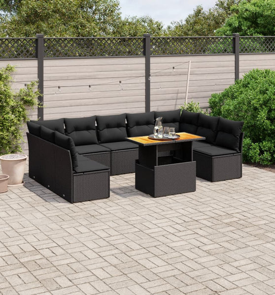 10-tlg. Garten-Sofagarnitur mit Kissen Schwarz Poly Rattan