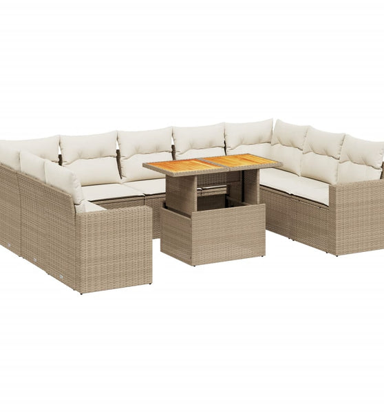 10-tlg. Garten-Sofagarnitur mit Kissen Beige Poly Rattan