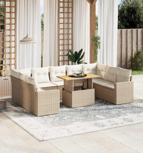 10-tlg. Garten-Sofagarnitur mit Kissen Beige Poly Rattan