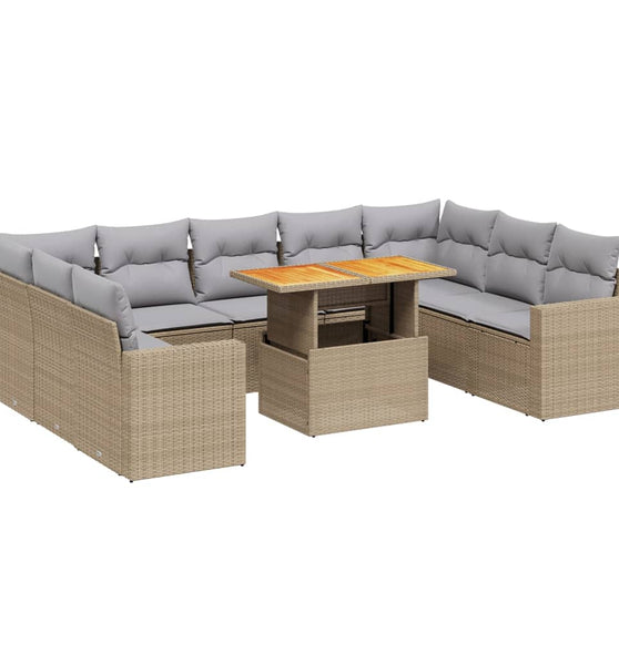 10-tlg. Garten-Sofagarnitur mit Kissen Beige Poly Rattan