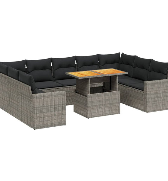 10-tlg. Garten-Sofagarnitur mit Kissen Grau Poly Rattan
