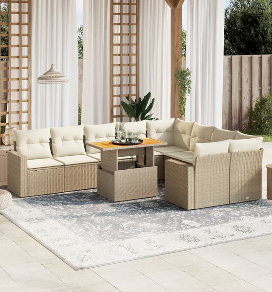 10-tlg. Garten-Sofagarnitur mit Kissen Beige Poly Rattan