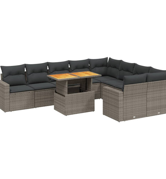 10-tlg. Garten-Sofagarnitur mit Kissen Grau Poly Rattan