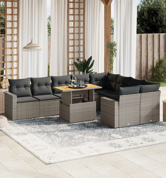 10-tlg. Garten-Sofagarnitur mit Kissen Grau Poly Rattan