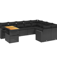 10-tlg. Garten-Sofagarnitur mit Kissen Schwarz Poly Rattan