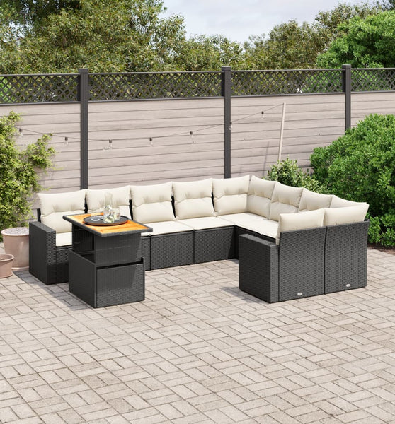 10-tlg. Garten-Sofagarnitur mit Kissen Schwarz Poly Rattan