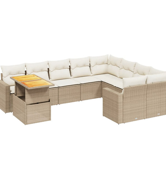 10-tlg. Garten-Sofagarnitur mit Kissen Beige Poly Rattan