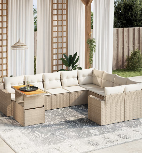 10-tlg. Garten-Sofagarnitur mit Kissen Beige Poly Rattan