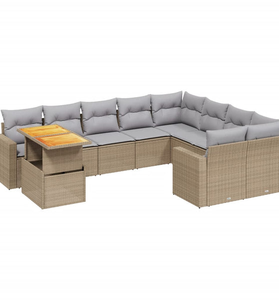 10-tlg. Garten-Sofagarnitur mit Kissen Beige Poly Rattan