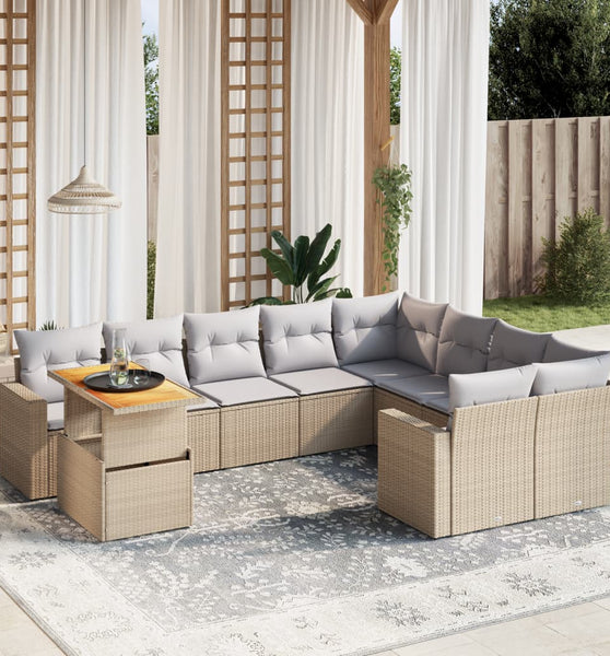 10-tlg. Garten-Sofagarnitur mit Kissen Beige Poly Rattan
