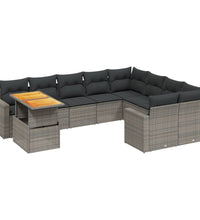 10-tlg. Garten-Sofagarnitur mit Kissen Grau Poly Rattan